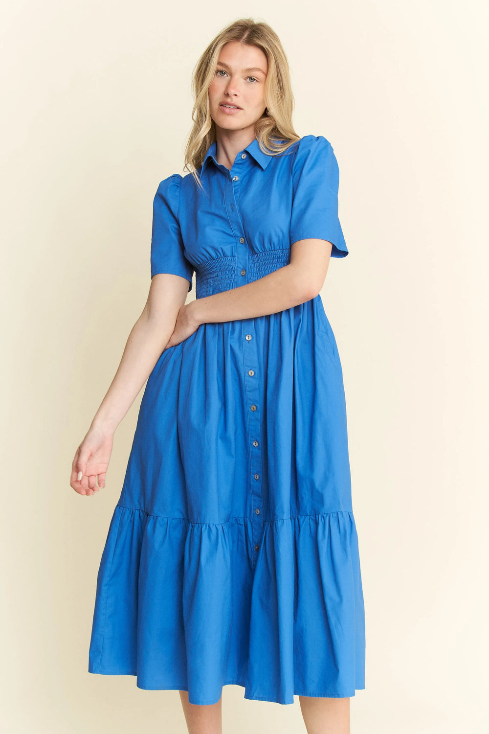 Blue Jade By Jane Short Sleeve Button Down Midi Dress