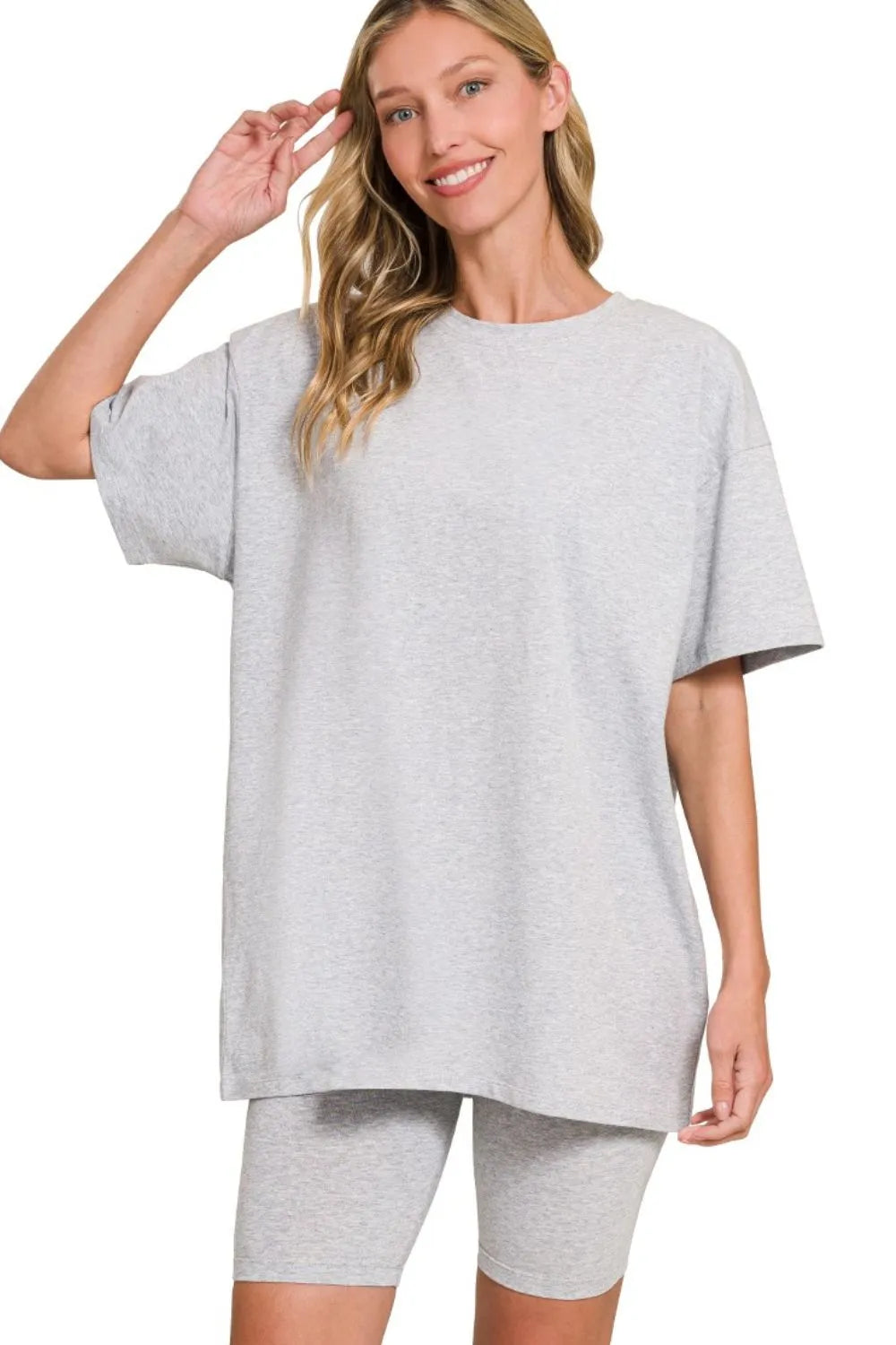 H Grey Zenana Cotton Round Neck Top Biker Shorts 4