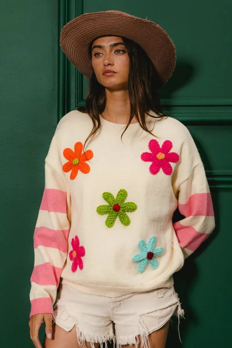 Bibi Colorful Floral Patched Sweater With Striped Sleeve