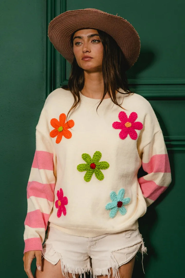 Bibi Colorful Floral Patched Sweater With Striped Sleeve
