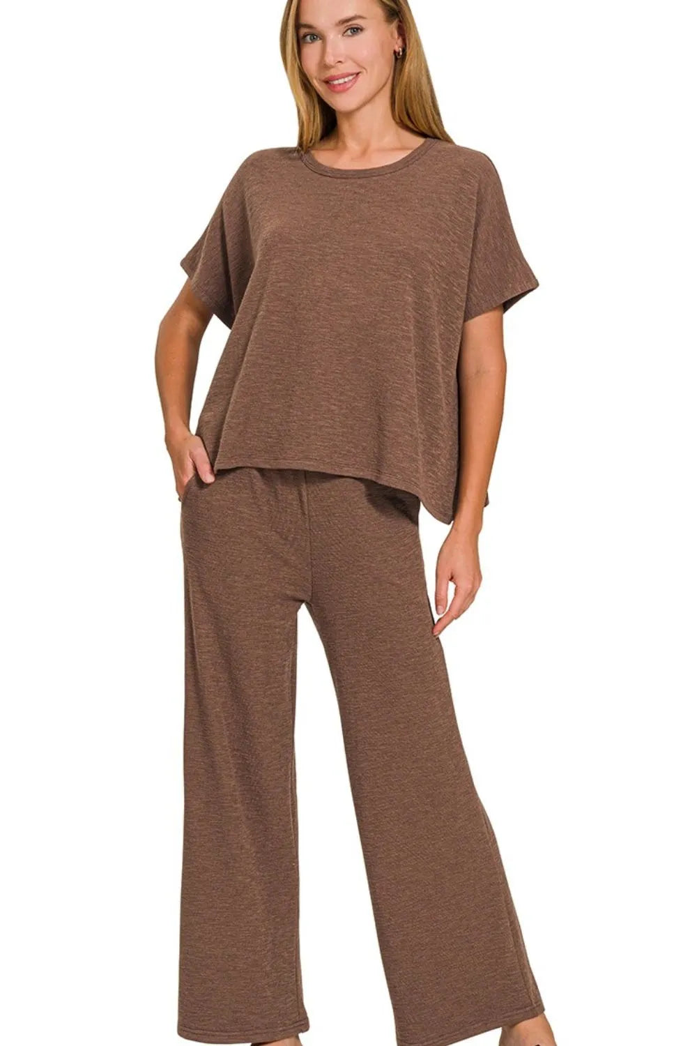 Brown Zenana Cotton Slub Top Pants Set 1