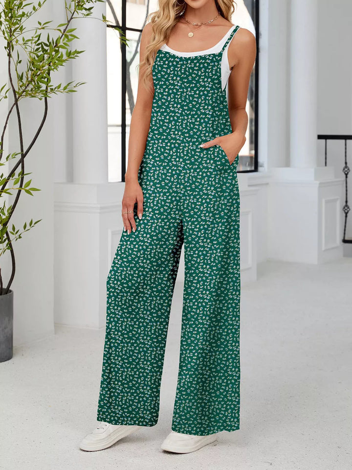 Green Full Size Floral Print Wide Leg Casual Jumpsuit Plus Size