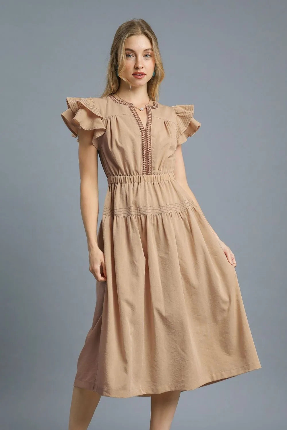 Tan Umgee Ruffled Cap Sleeve Midi Dress With Contrast Trim Detail