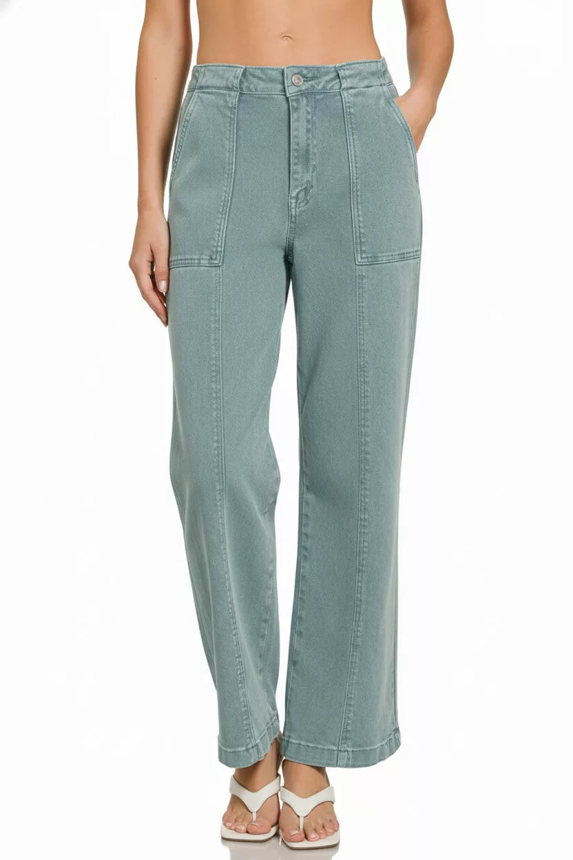 Teal Zenana Straight Leg Utility Pocket Jeans 4