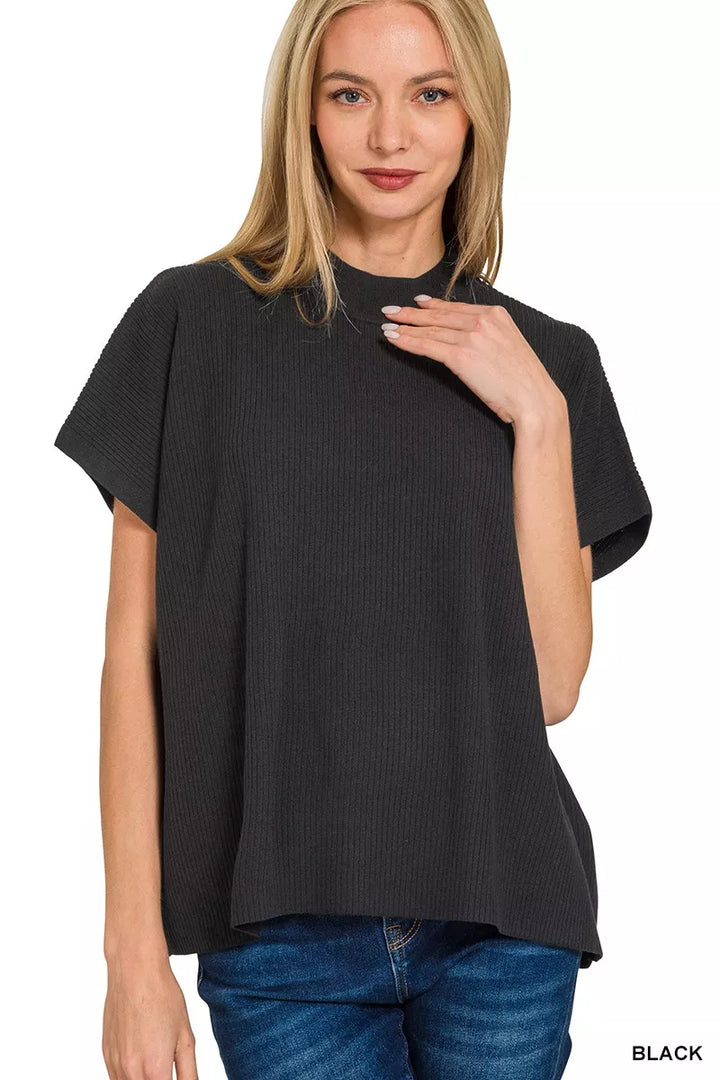 Black Zenana Viscose Mock Neck Short Sleeve Boxy Sweater