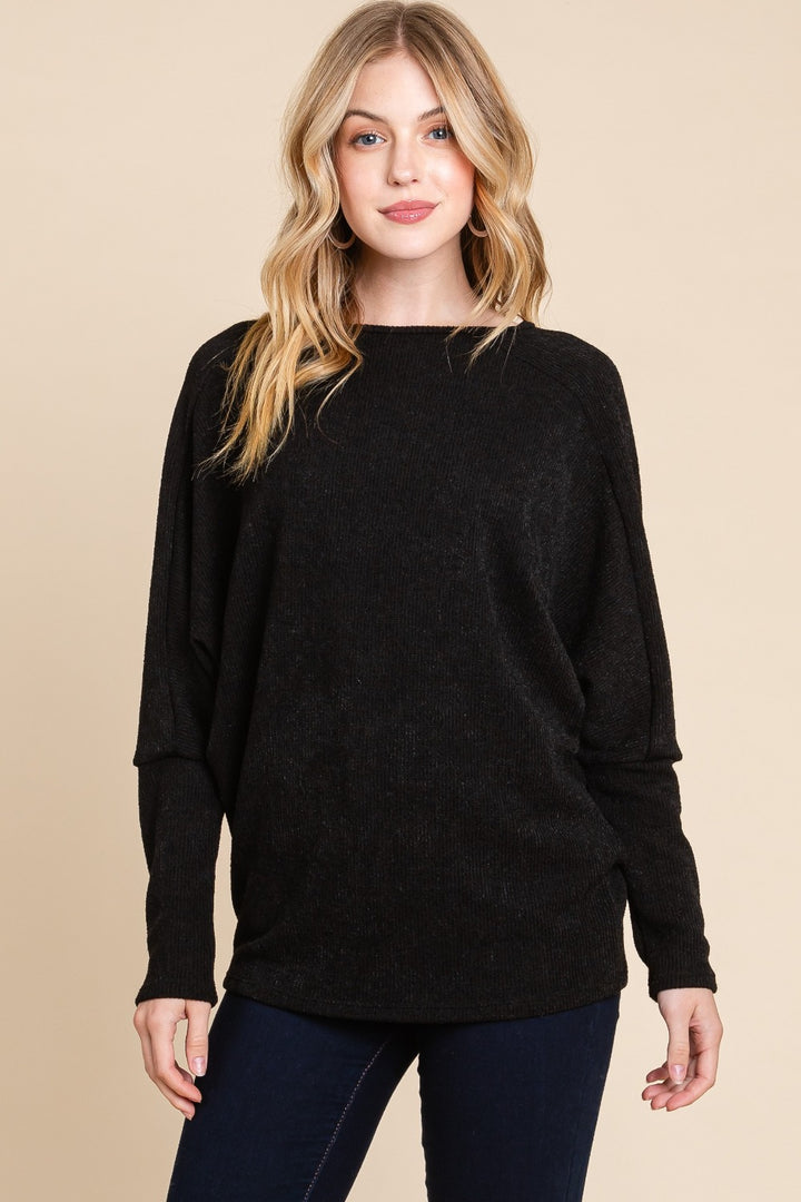 Black Bombom Drop Shoulder Long Sleeve Knit Top