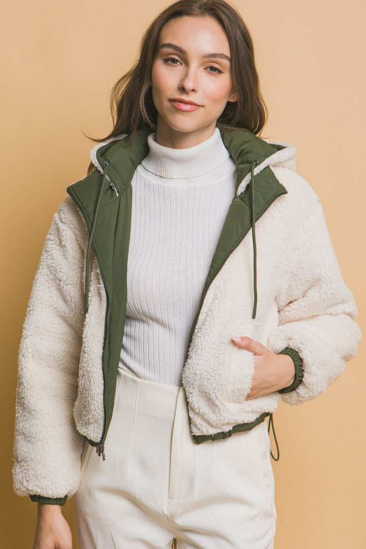 Hunter Love Tree Zip Up Cropped Hooded Sherpa Reversible Jacket 1