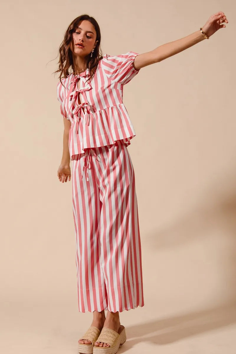 Pink So Me Front Tie Stripe Top With Puff Sleeves And Wide Leg Pants Set