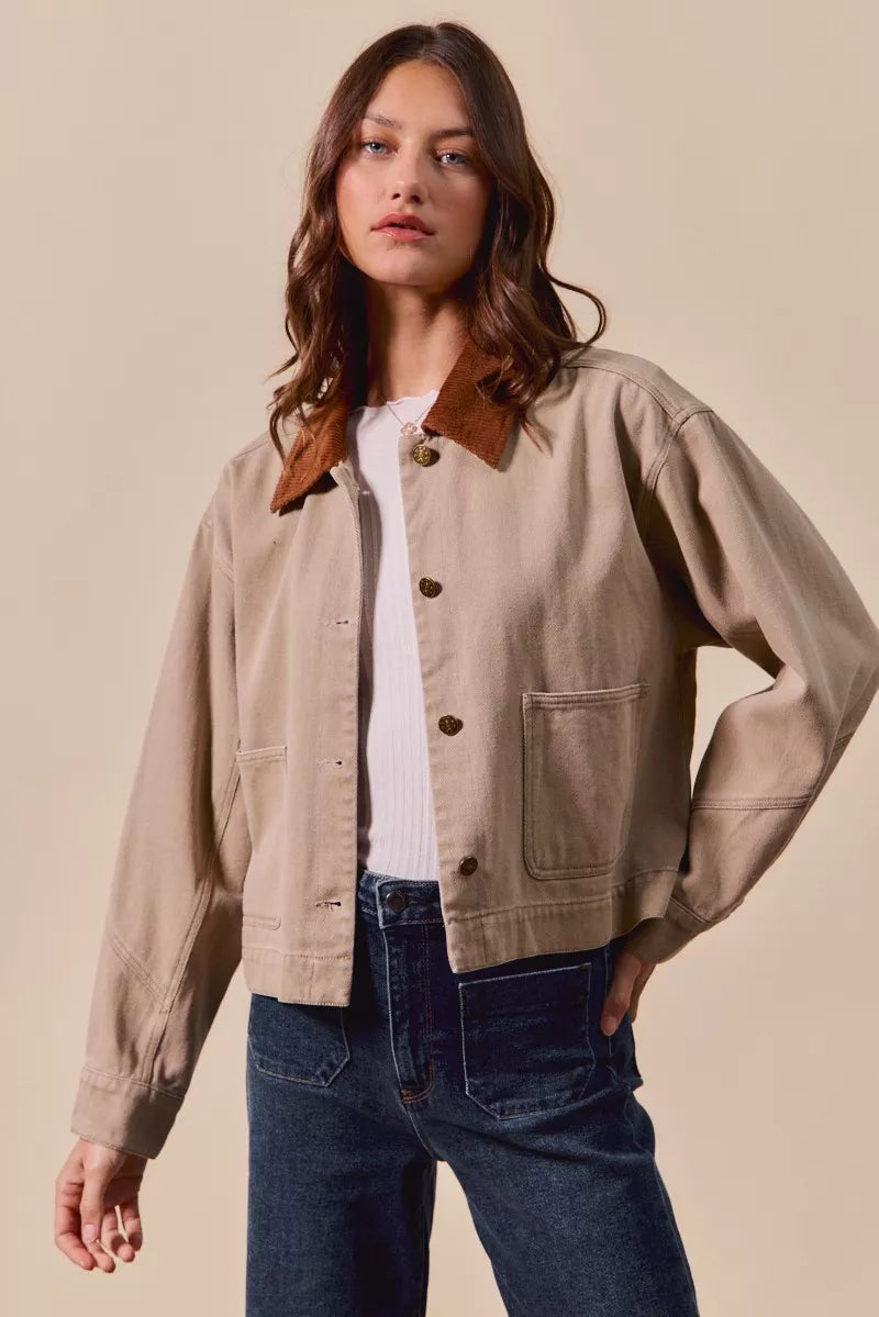 So Me Cotton Twill Cropped Barn Jacket Wtih Collar