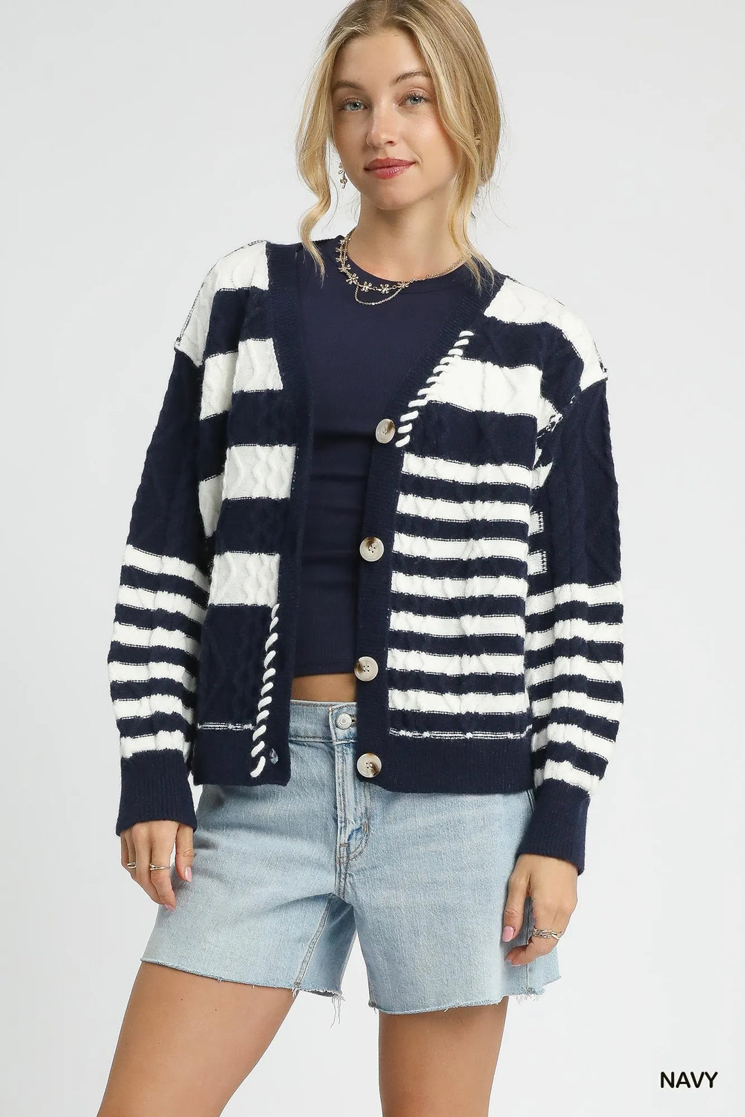 Navy Umgee Cable Knit Stripe Button Up Cardigan 2