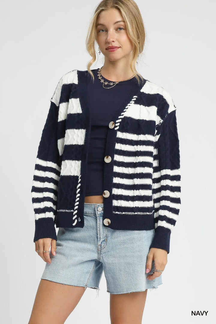 Navy Umgee Cable Knit Stripe Button Up Cardigan 2
