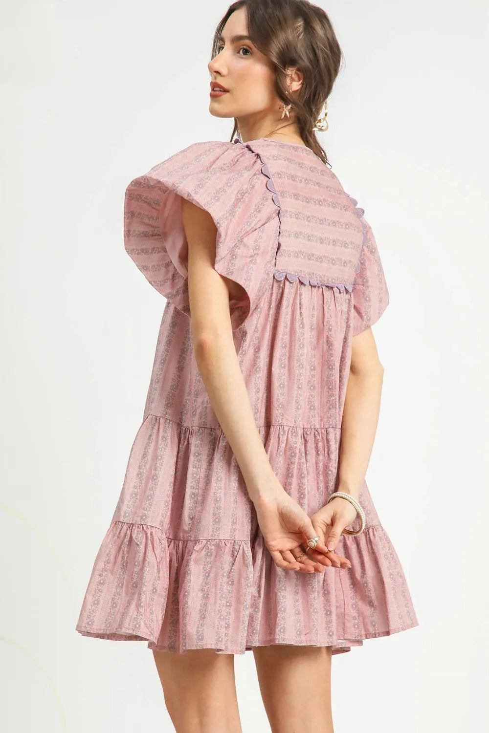 Dusty Pink Umgee Floral Ruffled Cap Sleeve Tiered Mini Dress 1