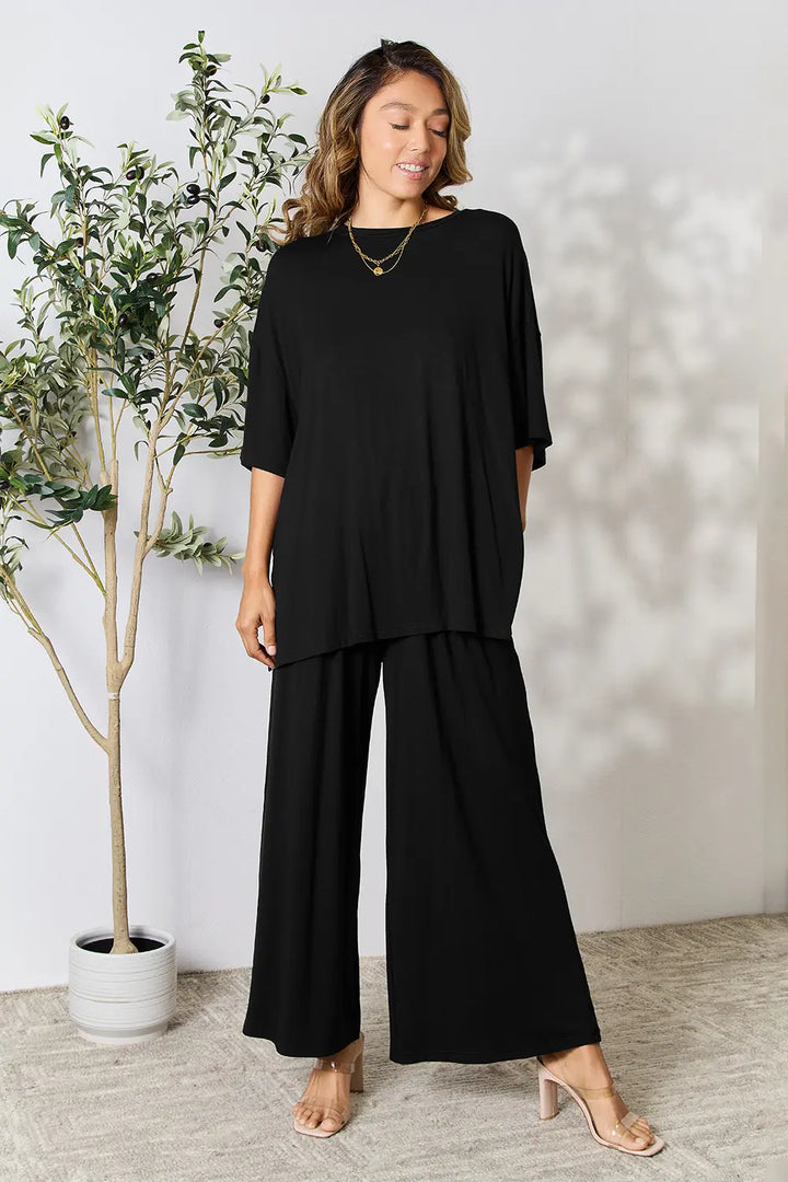Black Double Take Full Size Round Neck Slit Top And Pants Set