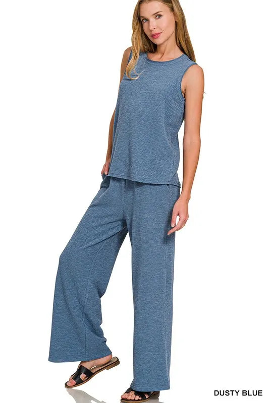 Dusty Blue Zenana Cotton Slub Tank Pants Set 4