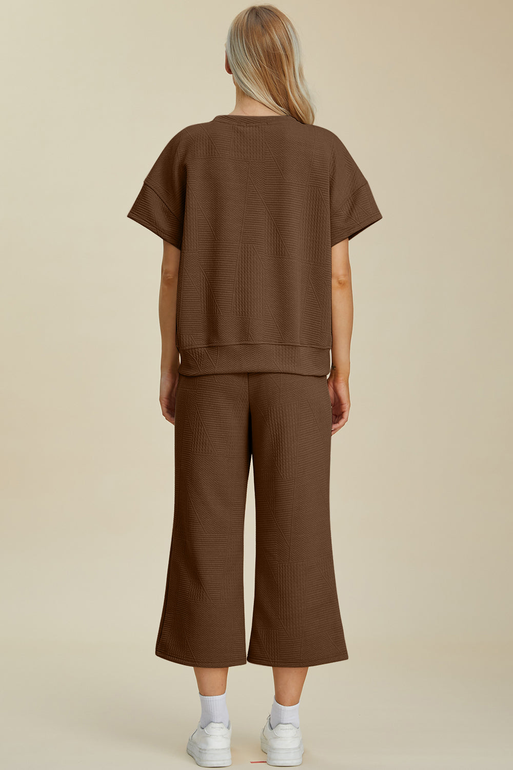 Brown Double Take Full Size Texture Round Neck Top And Pants Set