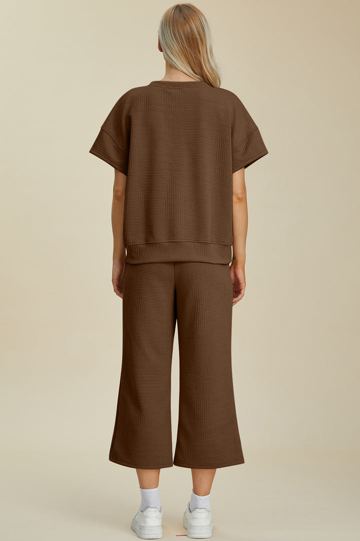 Brown Double Take Full Size Texture Round Neck Top And Pants Set