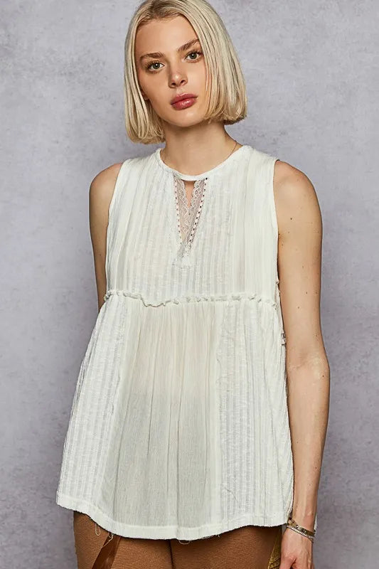 White Pol Lace Trim Round Neck Tank With Pintuck Detail