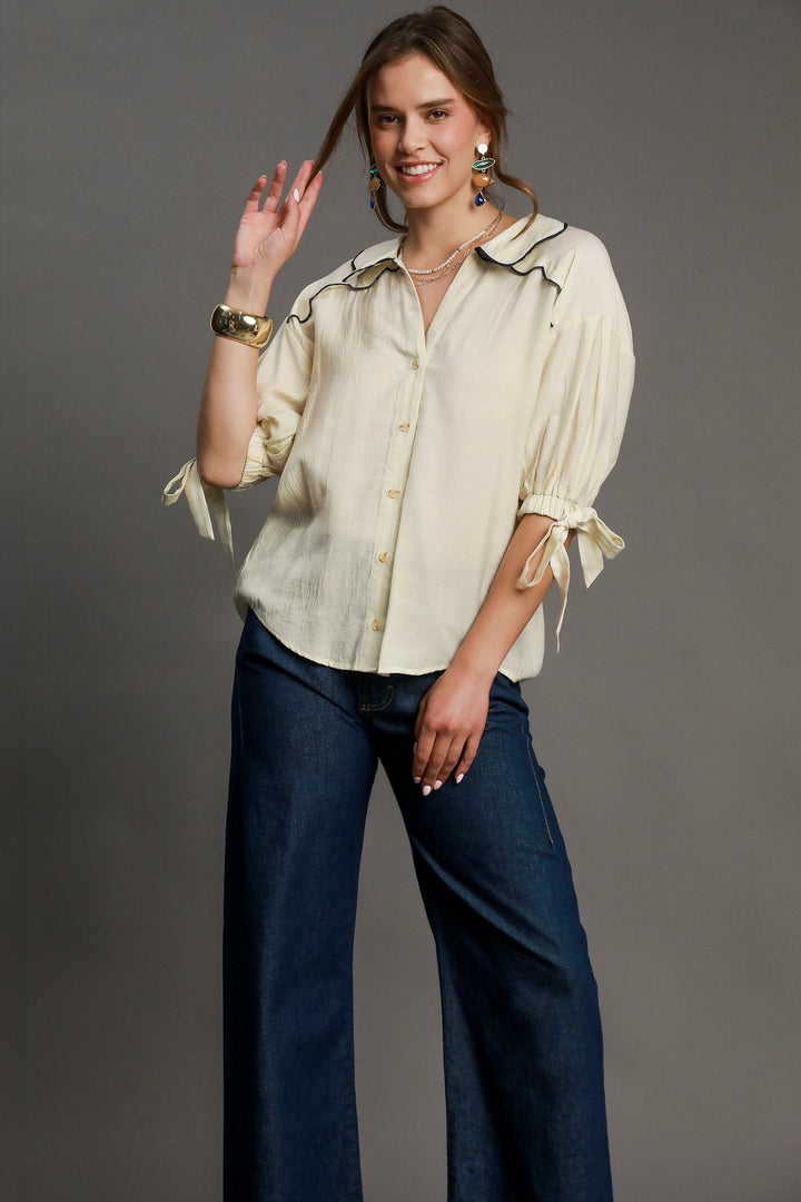 ECRU Umgee Full Size Embroidered Detail Button Down Shirt Plus Size
