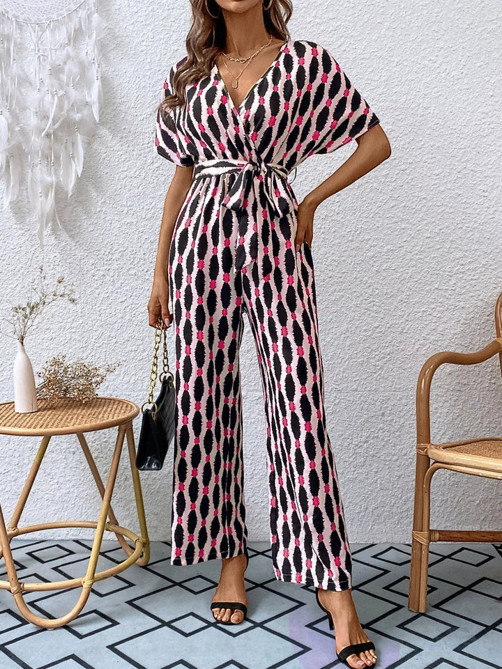 Navy Printed Surplice Tie Waist Short Sleeve Jumpsuit