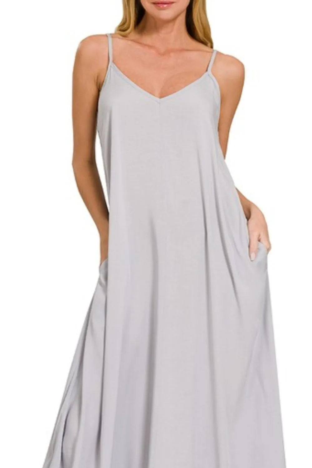 Lt Grey Zenana Woven Arc Hem Cami Dress With Flowy Pockets 6