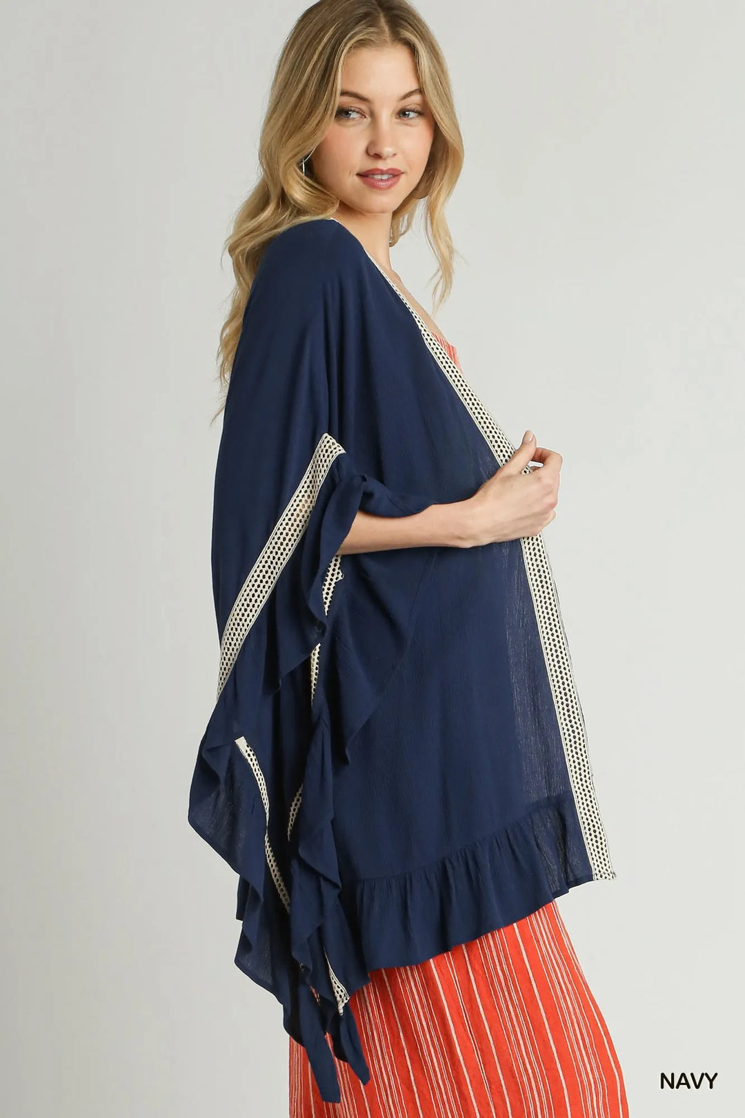 Umgee Ruffle Trim Kimono With Crochet Accent