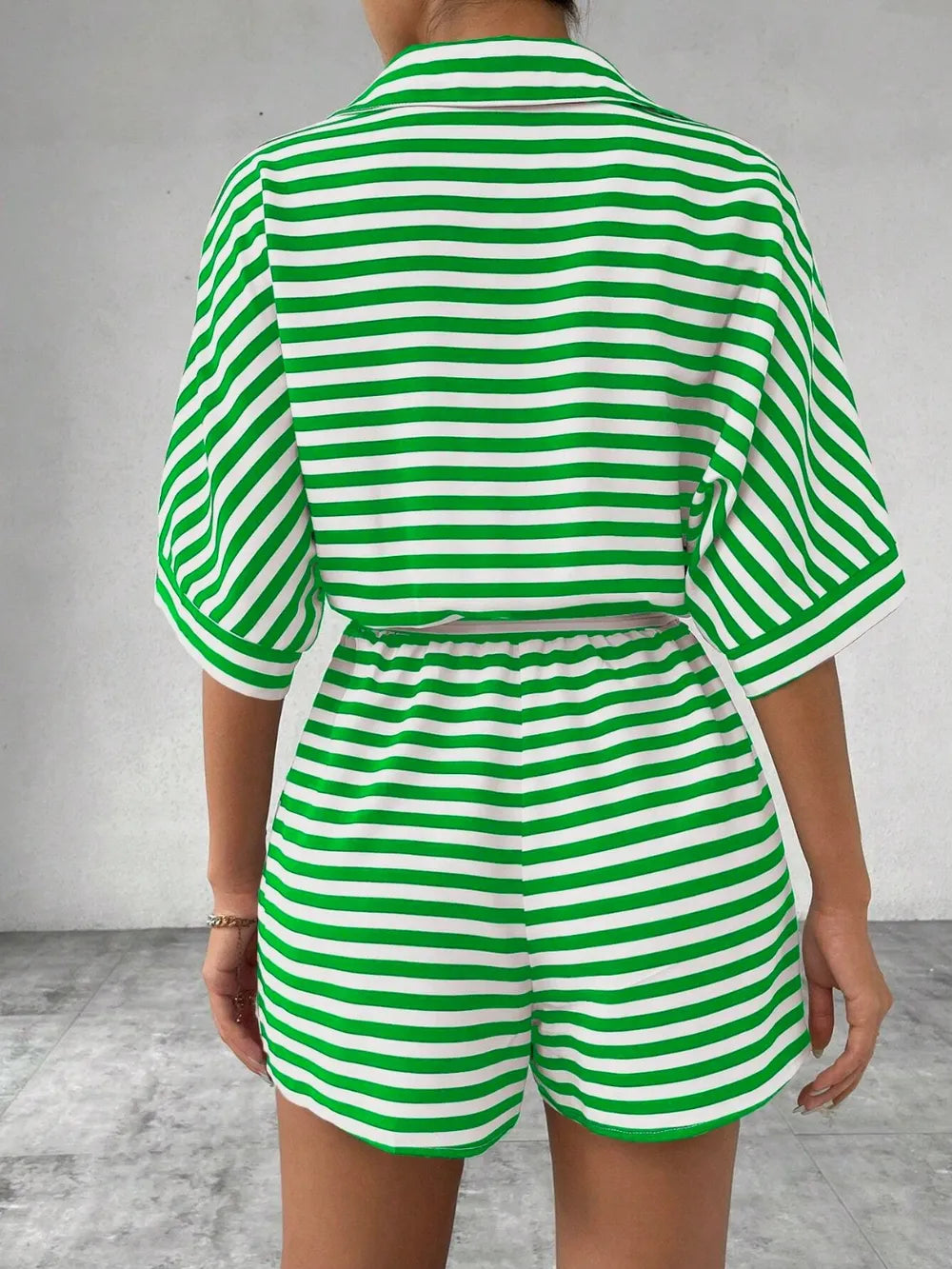 Green Tie Waist Half Button Striped Romper