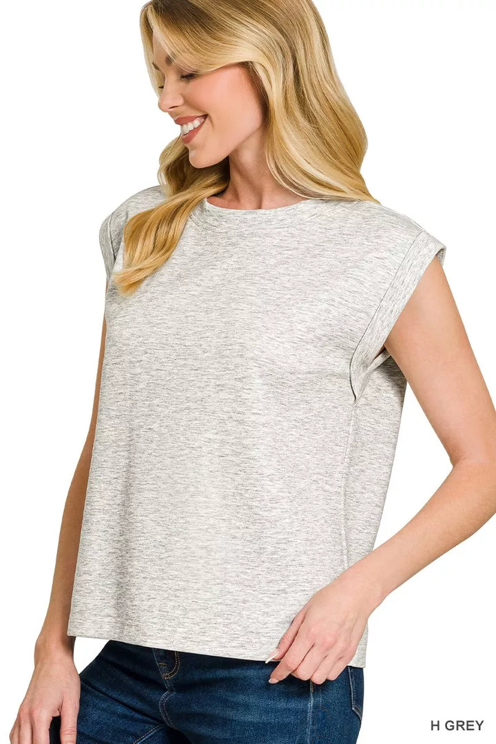 H Grey Zenana Scuba Round Neck Cap Sleeve Top
