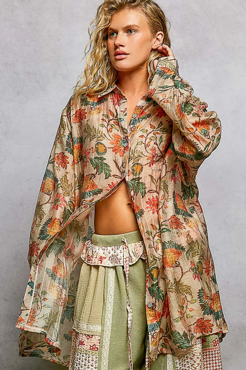 Taupe Multi Pol Metal Button Down Floral Long Sleeve Shirt