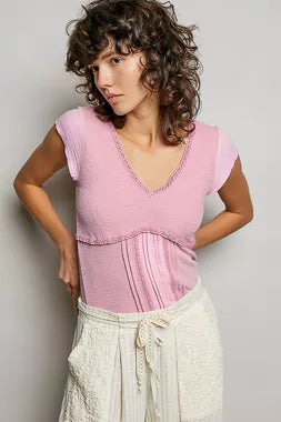 Soft Pink Pol V Neck Lightweight Textured Short Sleeve Knit Top With Lace Trim