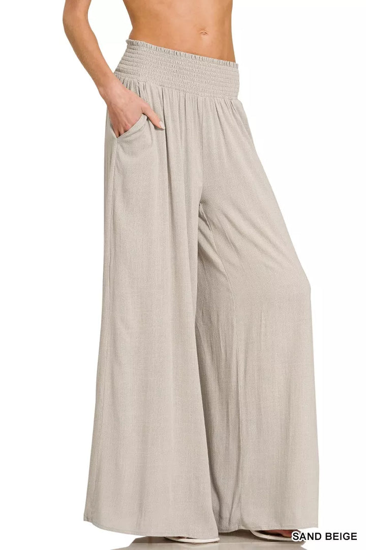 Sand Beige Zenana Smocked Waistband Wide Leg Lounge Pants 3