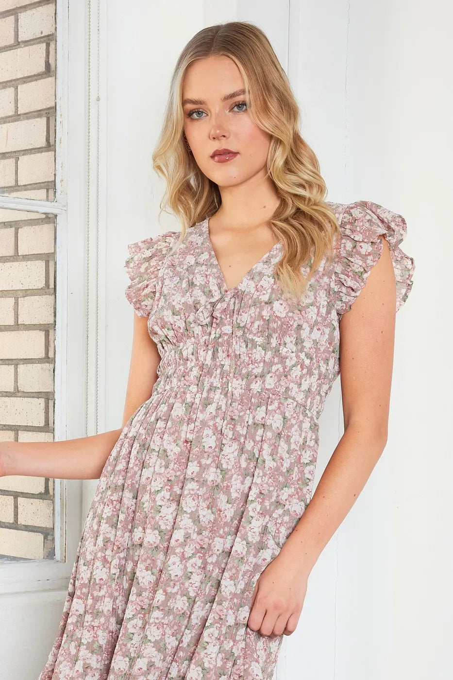 Mauve Mittoshop Flower Print Ruffle Cap Sleeve V Neck Midi Dress