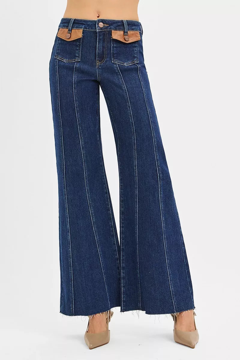Dark Risen High Rise Wide Flare Jeans With Front Leather Pocket Detail