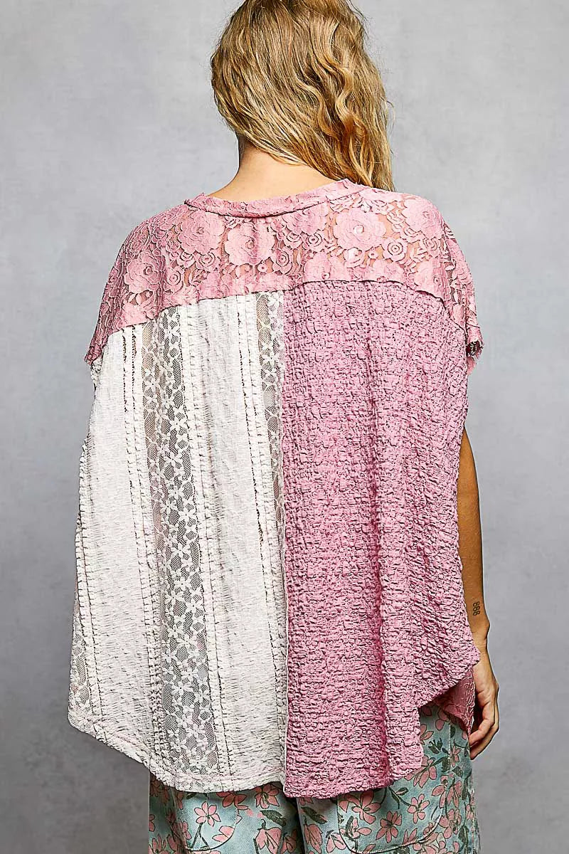 Pol Asymmetrical V Neck Short Sleeve Lace Top 2