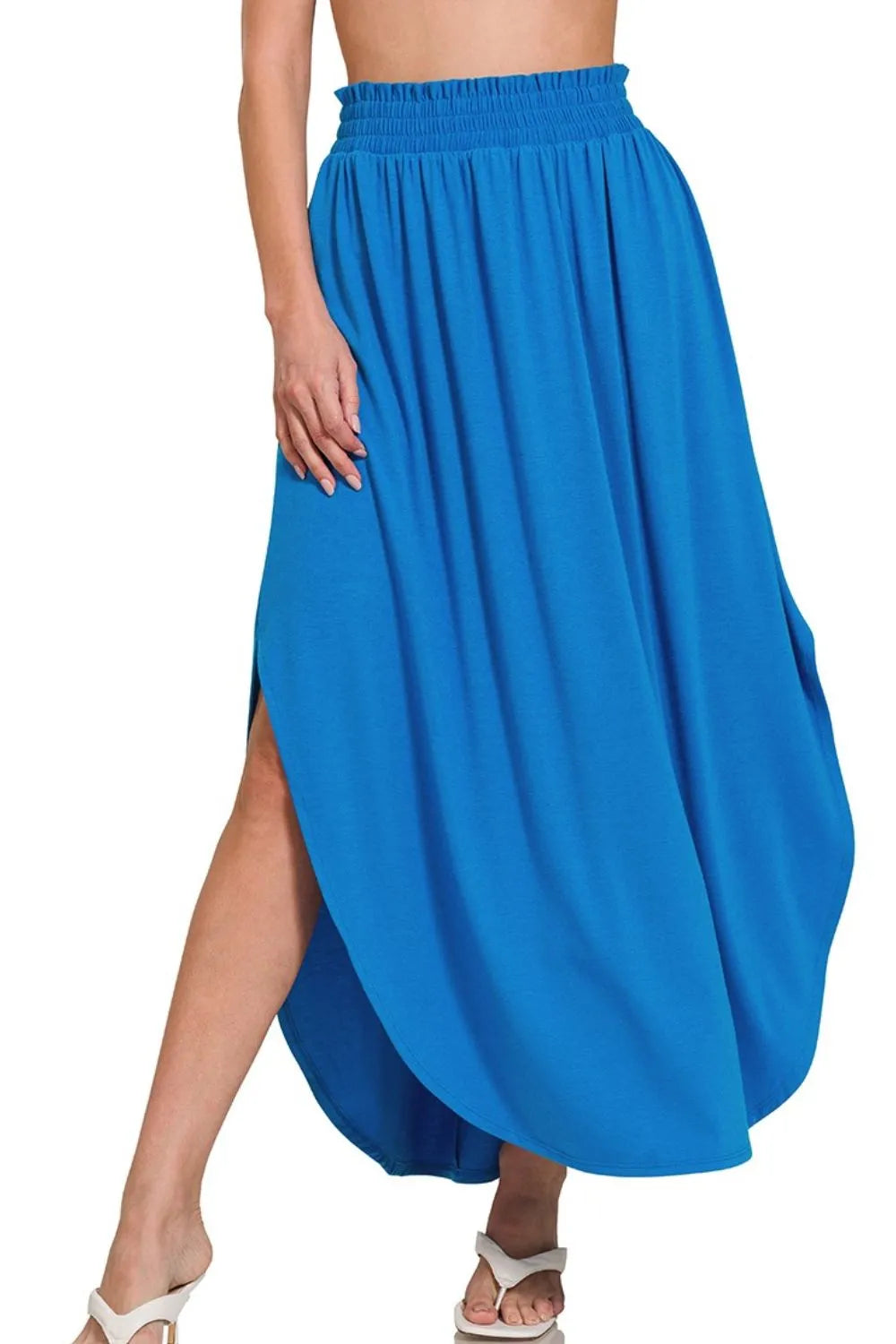 Ocean Blue Zenana Smocked Waist Side Slit Maxi Skirt With Pockets