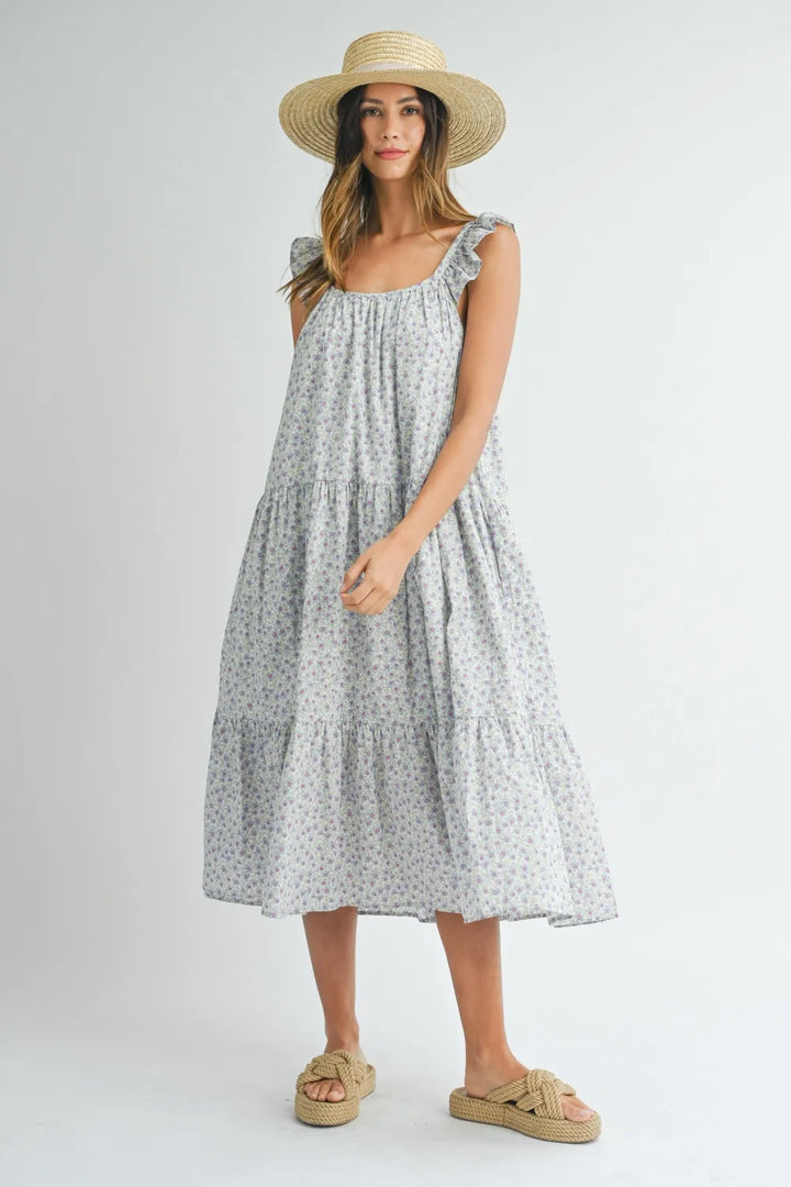 Blue Mable Floral Ruffle Shoulder Tiered Midi Dress