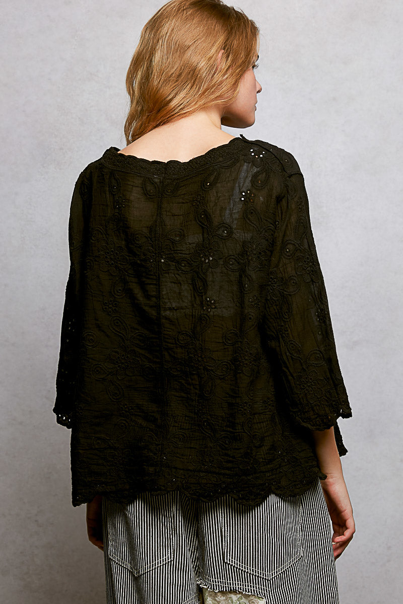Pol Floral Eyelet V Neck Salloped Shirt