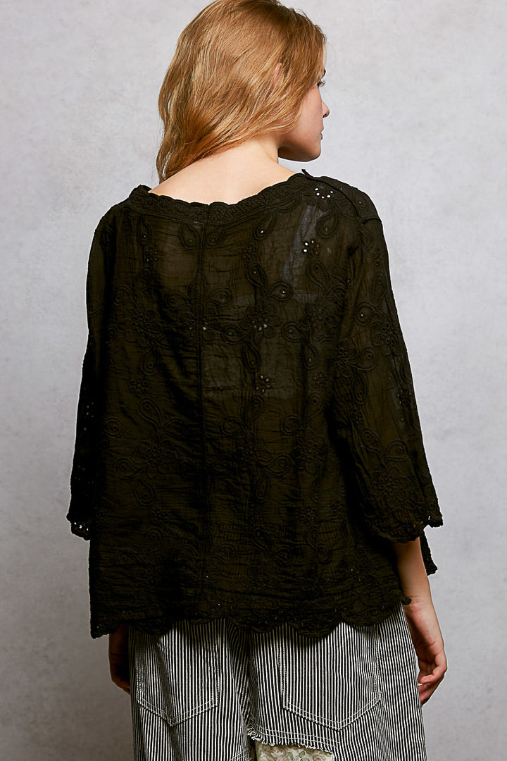 Pol Floral Eyelet V Neck Salloped Shirt
