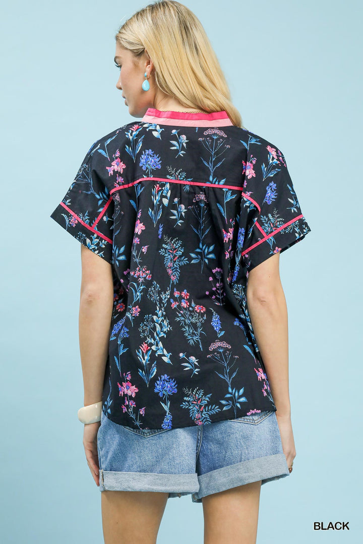 Black Umgee Botanical Floral Button Front Top