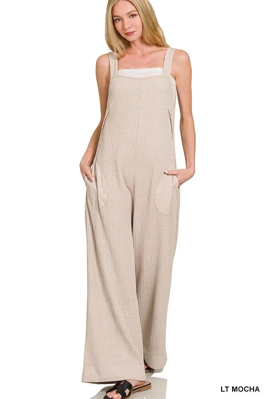 Lt Mocha Zenana Knit Waffle Wide Leg Overalls 5