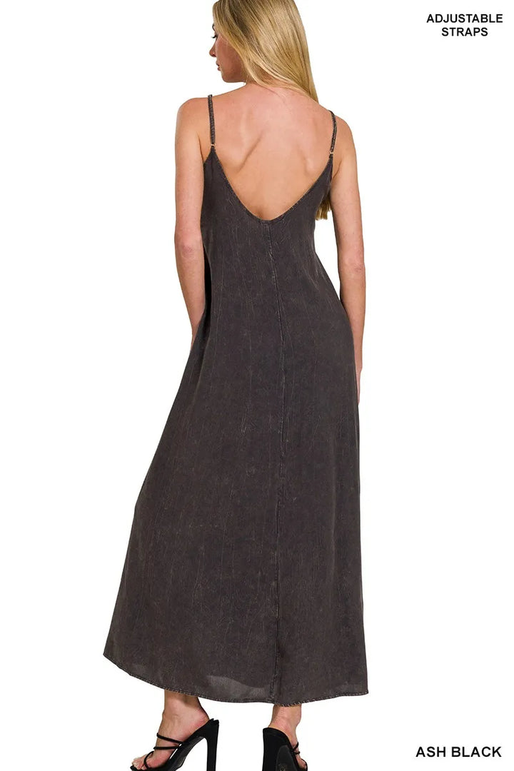 Ash Black Zenana Mineral Washed Rayon Challis Cami Dress