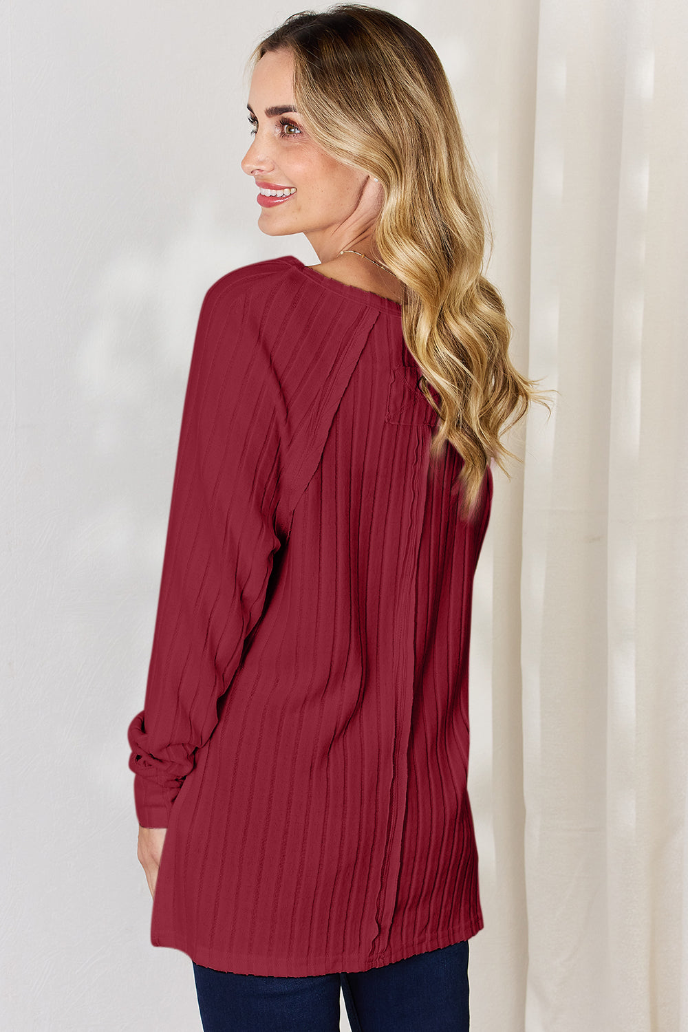 Light Gray Basic Bae Full Size Ribbed Round Neck Slit T Shirt