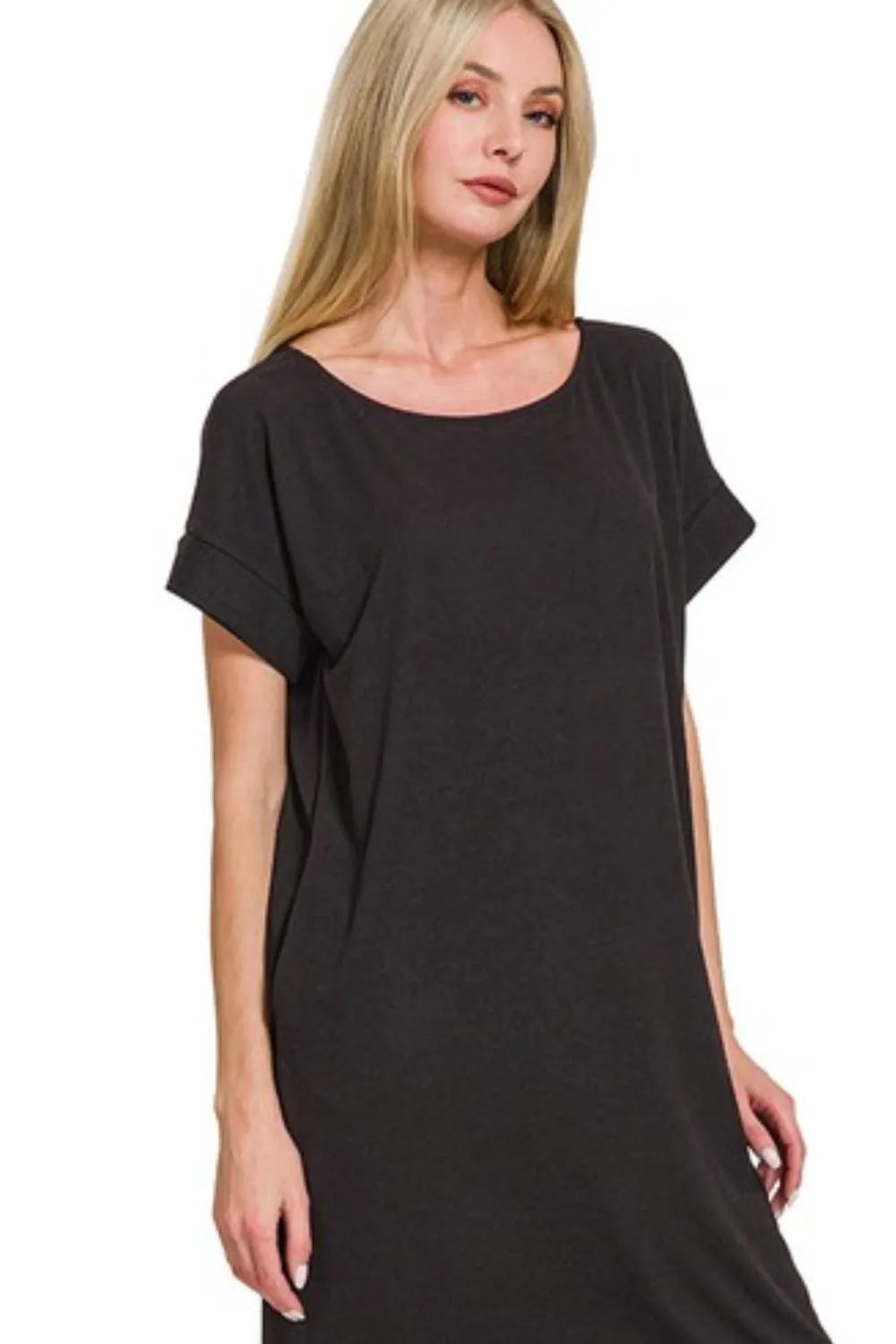 Black Zenana Rolled Short Sleeve Round Neck Dress