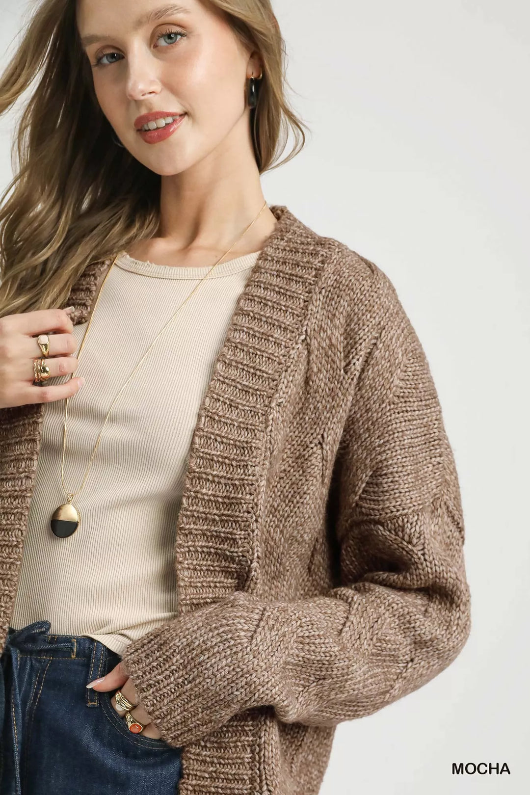Umgee Chunky Cable Knit Open Front Cardigan