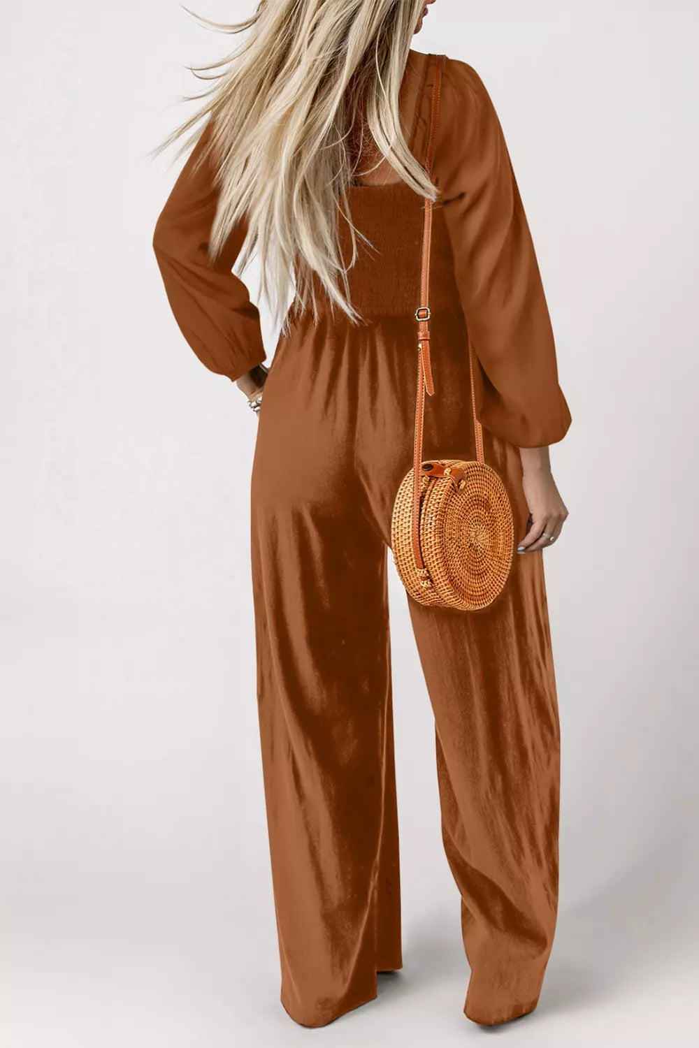 Caramel Boho Smocked Square Neck Wide Leg Jumpsuit