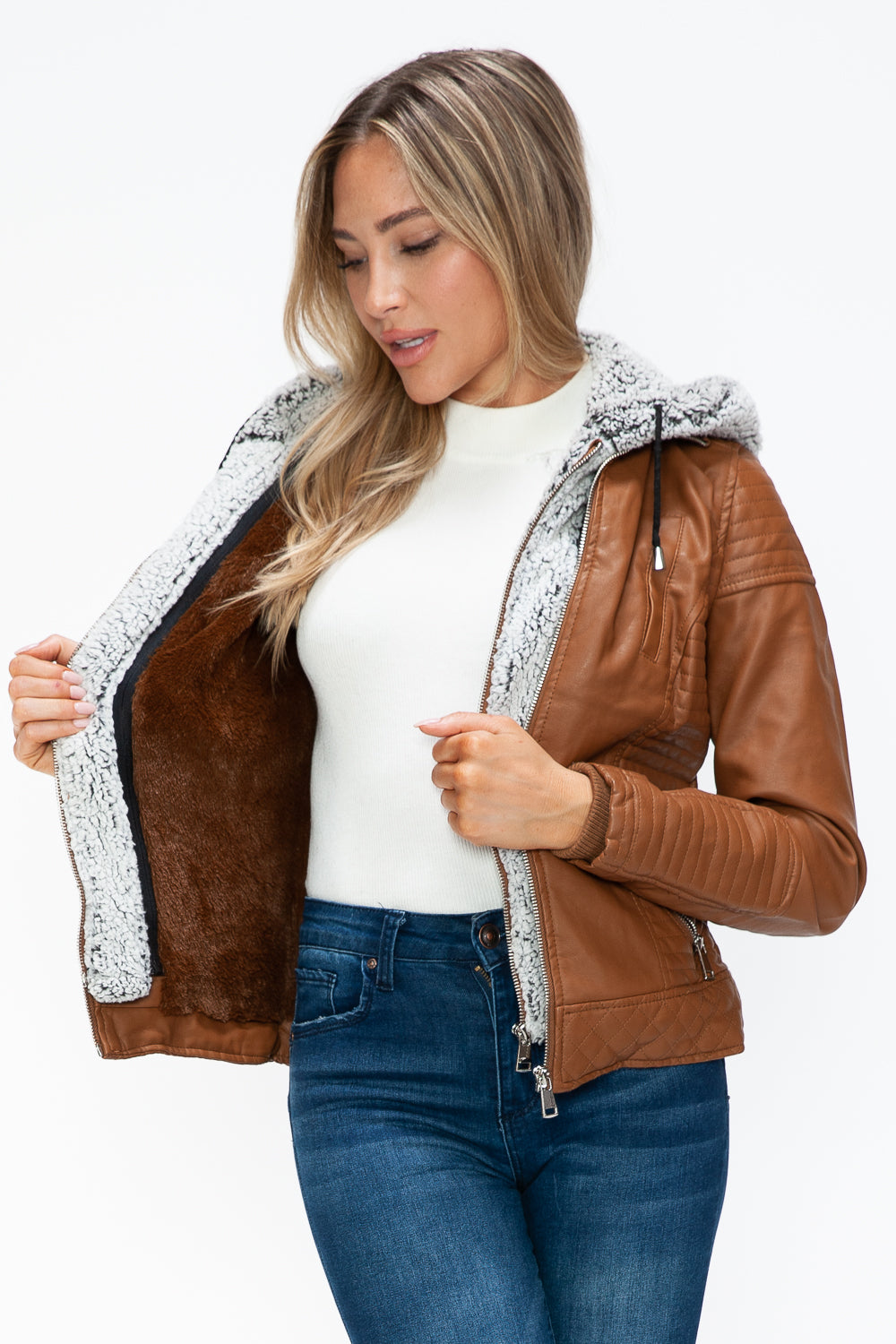 Ymi Faux Layered Double Zipper Jacket With Fuzzy Hood 4
