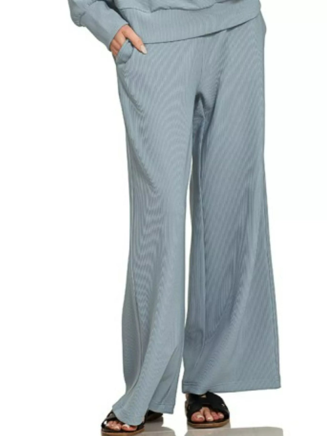 Blue Grey Zenana Ribbed High Neck Half Zip Pullover Pants Set