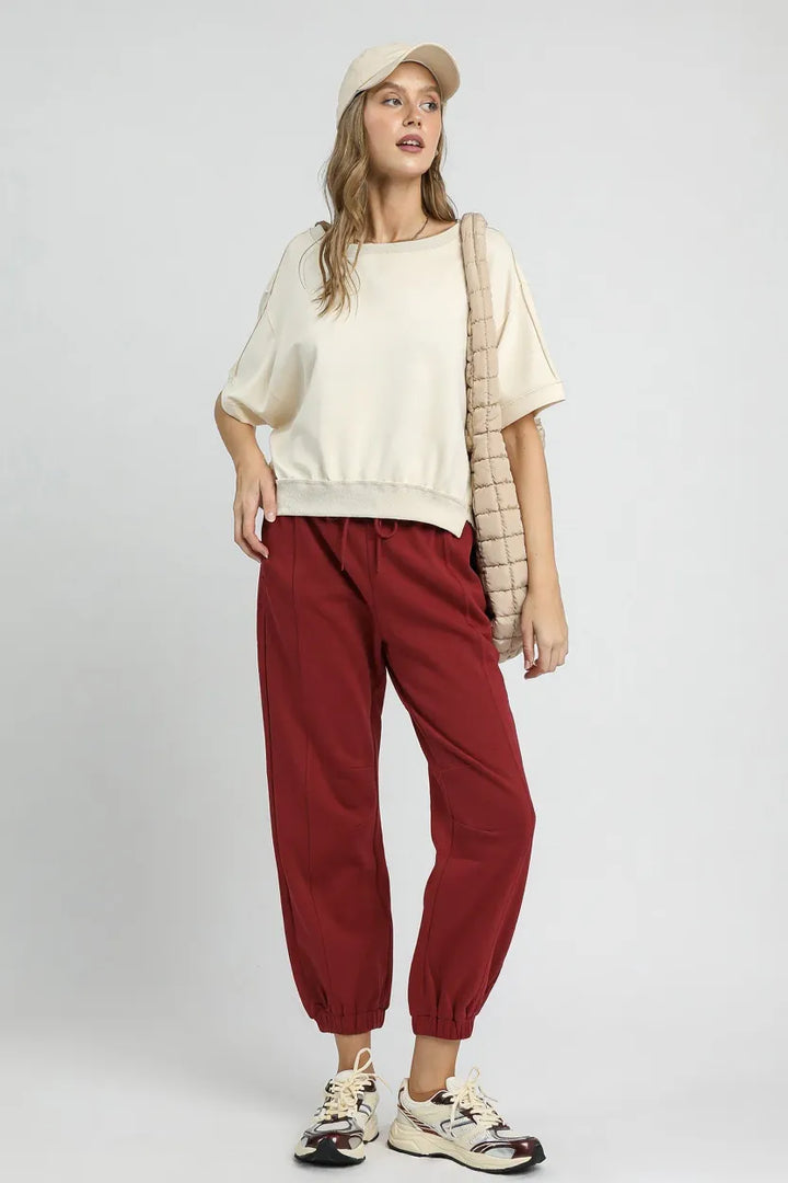 Burgundy Umgee Fleece Jogger Pants With Drawstring 1
