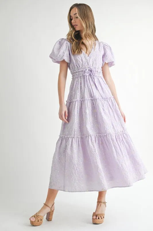Lavender Mable Eyelet Lace Puff Sleeve V Neck Midi Dress 1
