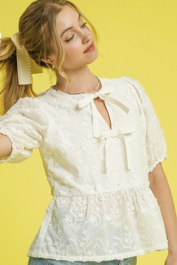 Cream Umgee Embroidered Tie Front Peplum Blouse