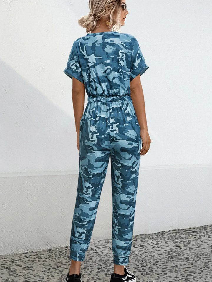 Sky Blue Drawstring Waist Short Sleeve Jumpsuit